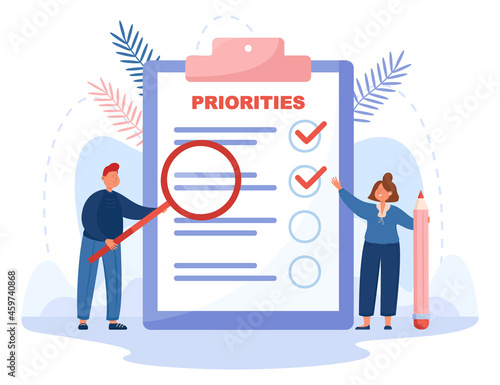 Tiny cartoon characters standing next to list of important tasks. People prioritizing work, progress flat vector illustration. Priority, addenda concept for banner, website design or landing web page