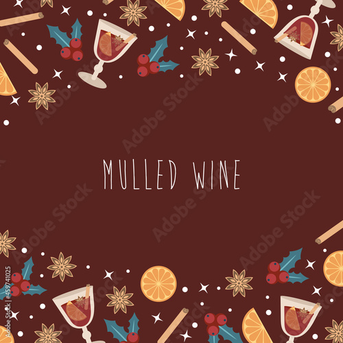 Hot mulled wine in a glass and elements and spices for a drink on a burgundy background. For the design of winter and autumn street fairs, menus