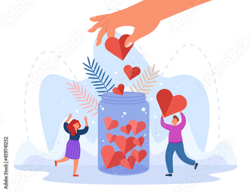Hand of generous person putting heart in jar. Volunteers giving donations flat vector illustration. Charity, love, support, health, hope community concept for banner, website design or landing page