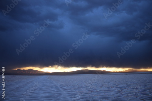 Storm at salt flat desert in northern argentina