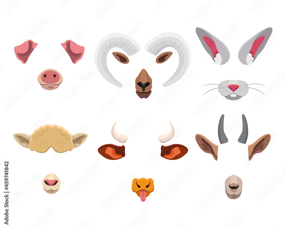 Animal face mask set for mobile application. Cartoon vector illustration of cute selfie filters with funny ears, nose, horns and tongue isolated on white. Photo and video effects for social media Animal face mask set for mobile application. Cartoon vector illustration of cute selfie filters with funny ears, nose, horns and tongue isolated on white. Photo and video effects for social media