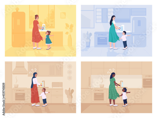 Child distracts mother flat color vector illustration set. Busy parent doing housework. Toddler demands attention. Family 2D cartoon characters with home interior on background collection