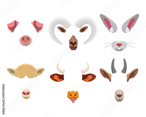 Animal face mask set for mobile application. Cartoon vector illustration of cute selfie filters with funny ears, nose, horns and tongue isolated on white. Photo and video effects for social media