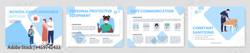 School covid measures flat vector brochure template. Flyer, booklet, printable leaflet design with flat illustrations. Magazine page, cartoon reports, infographic posters with text space