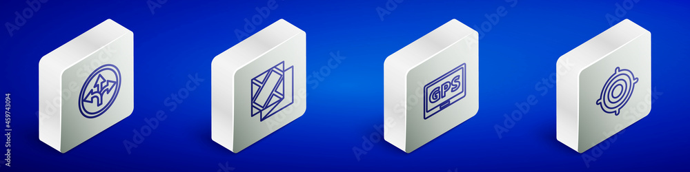 Set Isometric line Road traffic sign, Folded map, Gps device with and Target sport icon. Vector Set Isometric line Road traffic sign, Folded map, Gps device with and Target sport icon. Vector