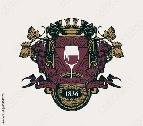 Ornate vector banner in form of an ancient coat of arms with a glass of wine, a crown, bunches of grapes, ribbons, wooden barrel and the words In vino veritas. Hand-drawn illustration in retro style