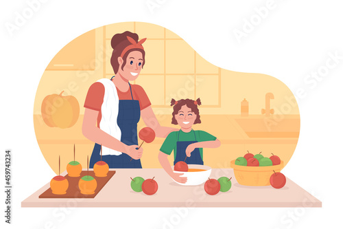 Cooking with kid in fall 2D vector isolated illustration. Making apples in frosting. Mother with kid spending time together flat characters on cartoon background. Fall treats colourful scene