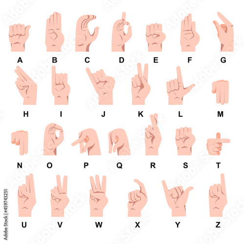 Hand showing sign language alphabet vector illustration set. Gestures for disabled or deaf people, fingers showing letters of alphabet isolated on white background. Communication, education concept