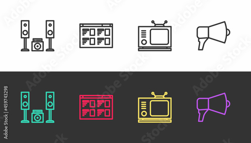 Set line Home stereo with two speakers, Online play video, Retro tv and Megaphone on black and white. Vector