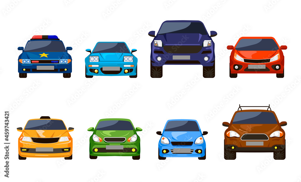 Front view of cars set. Vector illustrations of sedan auto vehicles isolated on white. Modern automobile transport for urban roads. Collection with suv, police car, taxi. City traffic concept