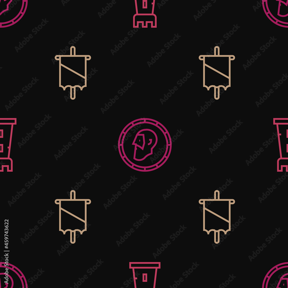 Set line Castle tower, Medieval flag and Ancient coin on seamless pattern. Vector Set line Castle tower, Medieval flag and Ancient coin on seamless pattern. Vector