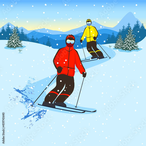 Vector illustration of a young man skiing in the mountains. Winter recreation and sports. Active lifestyle. Extreme sports.