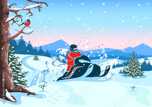 Vector illustration of a young man riding a snowmobile in the forest against the background of mountains. Winter recreation and sports. Active lifestyle. Extreme sports.