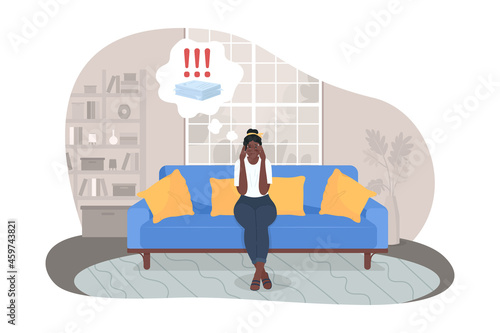Stressing over work 2D vector isolated illustration. Anxious woman thinking of paperwork. Frustrated girl. Depressed flat character on cartoon background. Freelancer at home colourful scene