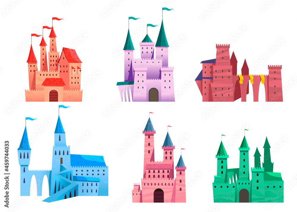 Medieval fairytale castle set. Cartoon vector illustrations of ancient fortresses, colorful fantasy palaces with old towers, stone walls and gate isolated on white. Fairy tale buildings concept