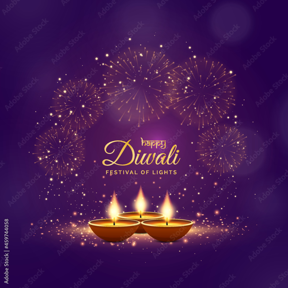 Happy diwali greetings festive background in violet color with fireworks  and lamp Stock Vector | Adobe Stock