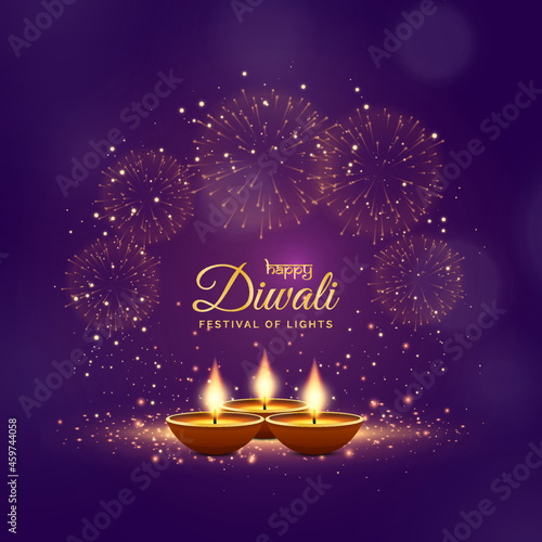 Happy diwali greetings festive background in violet color with fireworks and lamp