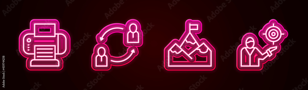 Set line Printer, Human resources, Mountains with flag and Marketing target strategy. Glowing neon icon. Vector Set line Printer, Human resources, Mountains with flag and Marketing target strategy. Glowing neon icon. Vector