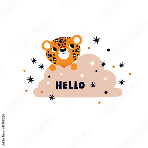 Cute leopard on a cloud. Welcome card with a baby animal