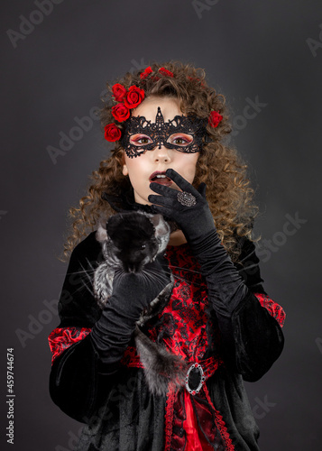 curly girl in princess dress with black chinchilla red-black