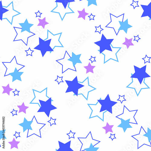 Seamless pattern with blue and lilac stars on a white background. Use for fabric, wrapping paper, wallpaper, print, backdrops, baby clothes, napkins, bags, merchandise, clothing, and artwork.