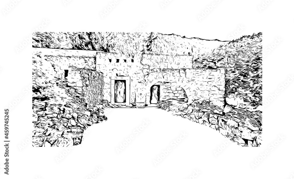 Building view with landmark of Kos is the 
island in Aegean Sea. Hand drawn sketch illustration in vector.