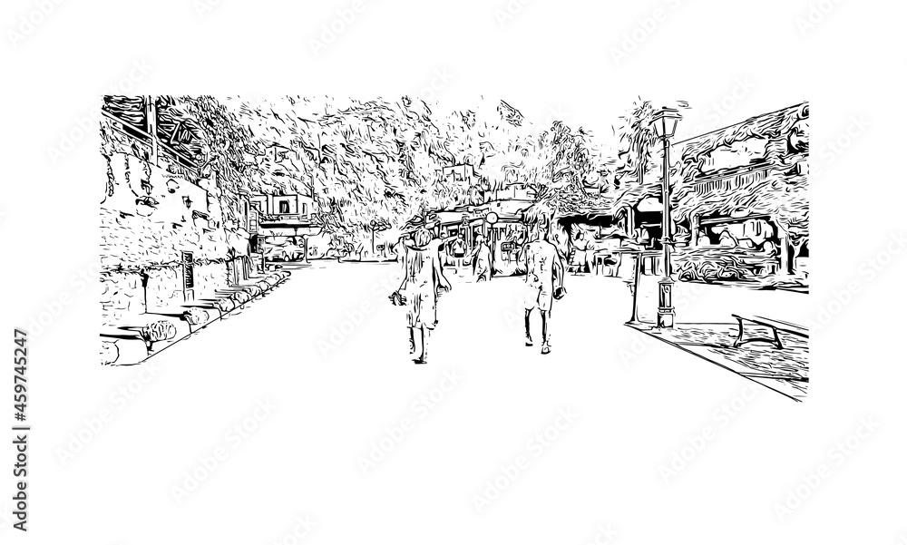 Obraz premium Building view with landmark of Kos is the island in Aegean Sea. Hand drawn sketch illustration in vector.