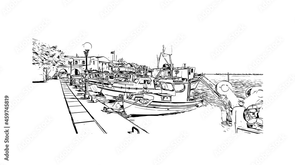 Building view with landmark of Kos is the 
island in Aegean Sea. Hand drawn sketch illustration in vector.