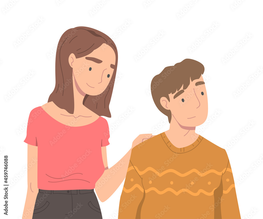 Woman Character Supporting Man Friend Encouraging Cheering Up and Raising His Spirit Vector Illustration Woman Character Supporting Man Friend Encouraging Cheering Up and Raising His Spirit Vector Illustration