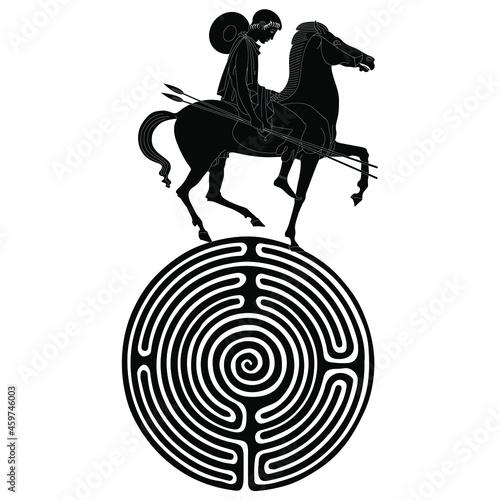 Ancient Greek rider on top of a round spiral maze or labyrinth symbol. Creative concept. Black and white silhouette.