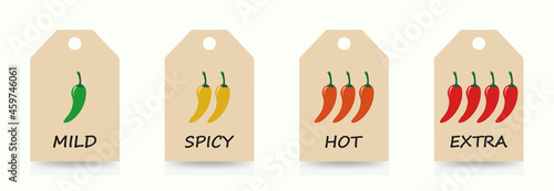 Spicy chili pepper sauce level scale on labels. Traditional Mexican and Chinese spicy food in four levels and colors - mild, spicy, hot and extra. Vector illustration isolated on a white background.