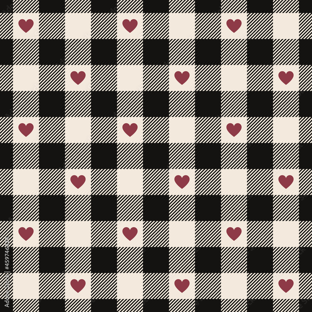 Heart gingham plaid pattern for Valentine's Day design. Seamless black, red, off white vichy tartan check for dress, skirt, jacket, towel, handkerchief, scarf, other spring autumn winter prints.