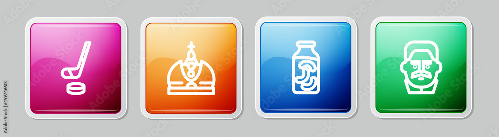 Set line Ice hockey stick and puck, King crown, Pickled cucumbers jar and Joseph Stalin. Colorful square button. Vector Set line Ice hockey stick and puck, King crown, Pickled cucumbers jar and Joseph Stalin. Colorful square button. Vector