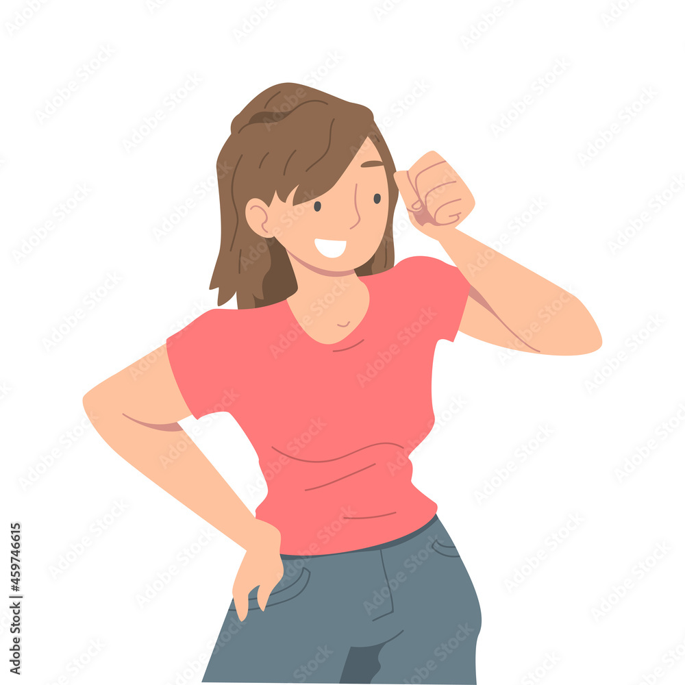 Excited Woman Character Looking at Someone Clenching Her Fists Demonstrating Attention Vector Illustration Excited Woman Character Looking at Someone Clenching Her Fists Demonstrating Attention Vector Illustration