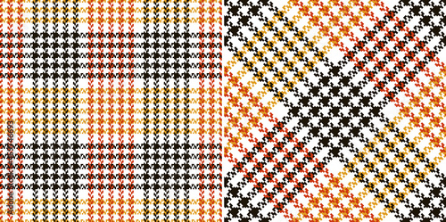 Tweed check plaid pattern in black, red orange, mustard yellow, white. Seamless houndstooth tartan vector for scarf, dress, skirt, jacket, coat, other modern autumn winter fashion textile print.