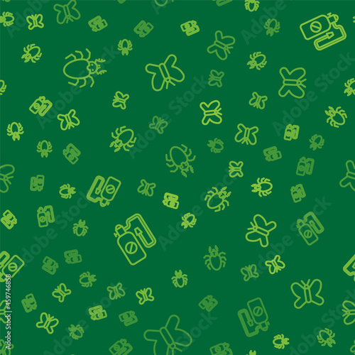 Set line Beetle deer, Pressure sprayer and Butterfly on seamless pattern. Vector