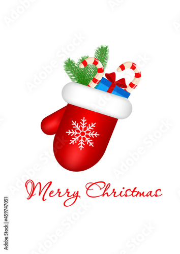 Obraz na płótnie Christmas card with sock full of gifts. Vector w salonie
