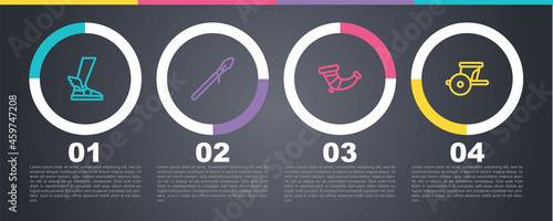 Set line Hermes sandal, Medieval spear, Hunting horn and Ancient chariot. Business infographic template. Vector