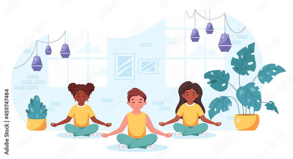 Children of different nationalities meditating in lotus pose. Gymnastic, yoga and meditation for children. Vector illustration