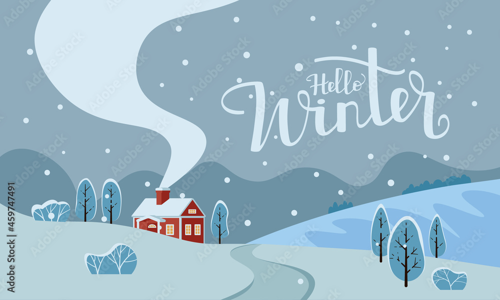 Beautiful winter landscape with lettering Hello winter. Trees, bushes and house on snow-covered field with road on the background of the sky and falling snow. Color vector illustration flat style. Beautiful winter landscape with lettering Hello winter. Trees, bushes and house on snow-covered field with road on the background of the sky and falling snow. Color vector illustration flat style.
