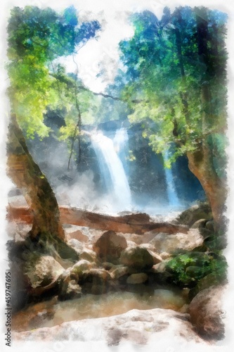 Waterfall in the forest watercolor style illustration impressionist painting.