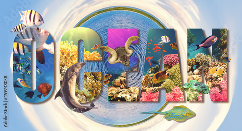 underwater paradise background coral reef wildlife nature collage with shark manta ray sea turtle colorful fish with wave in fron © Solarisys