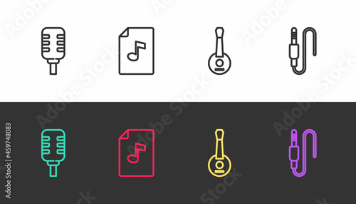 Set line Microphone, Music book with note, Banjo and Audio jack on black and white. Vector