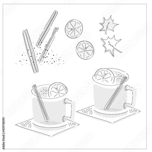 simple vector illustrations of 2 hot drinks on table with slice of lemons and cinnamon sticks in cup. Drinks for dinner, night, date, couple at bar and cafe. Graphic element for menu, sign, email, ad 
