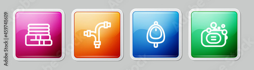 Set line Towel stack, Industry metallic pipe, Toilet urinal or pissoir and Bar of soap. Colorful square button. Vector