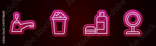Set line Water tap, Bucket with soap suds, Bottle of shampoo and Round makeup mirror. Glowing neon icon. Vector
