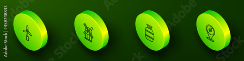 Set Isometric line Wind turbine, , Propane gas tank and Location with leaf icon. Vector