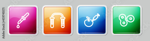 Set line Pipette, Test tube and flask, Genetically modified apple and Cell division. Colorful square button. Vector