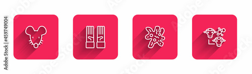 Set line Experimental mouse, Medical rubber gloves, Cell and Cloning with long shadow. Red square button. Vector