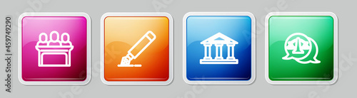 Set line Jurors, Fountain pen nib, Courthouse building and Scales of justice. Colorful square button. Vector